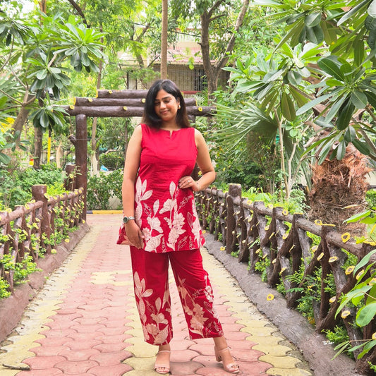 Red Sleeveless Pure Cotton Co-ord Set