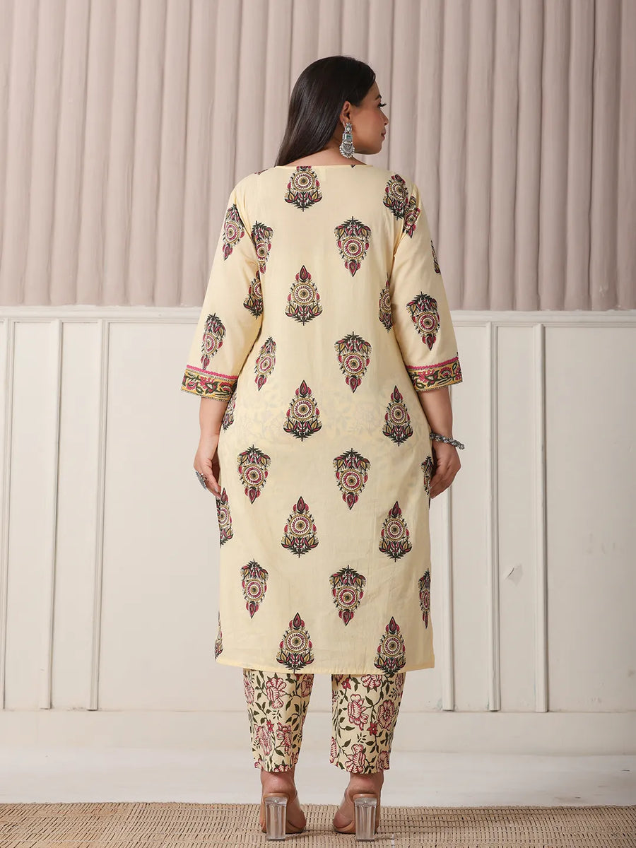 Cream Ethnic Print Cotton Suit Set