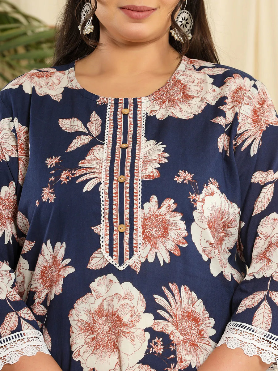 Floral Print Blue Cotton Suit Set